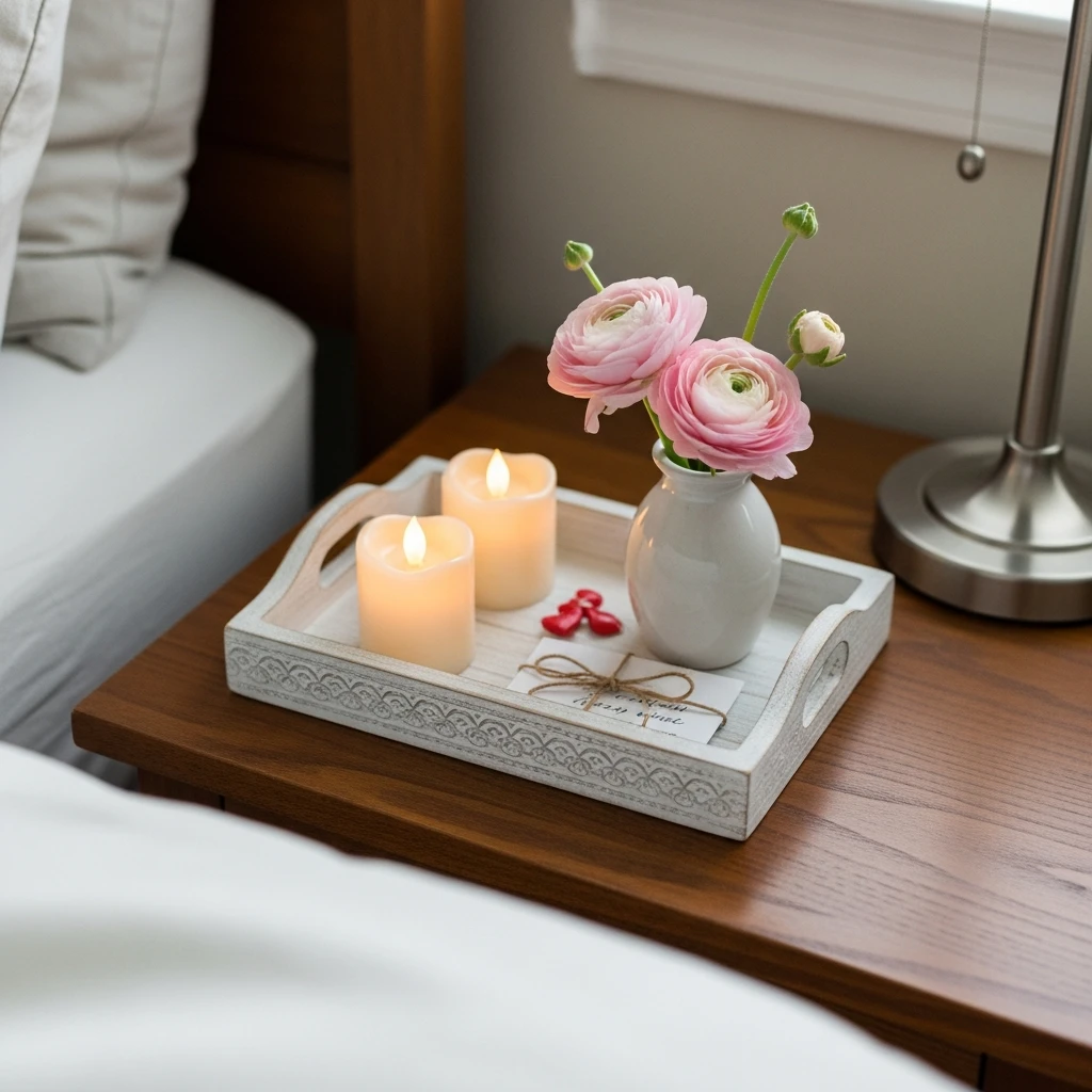 Styled Nightstand Tray - 40 Budget-Friendly Valentine's Day Room Set Up Ideas