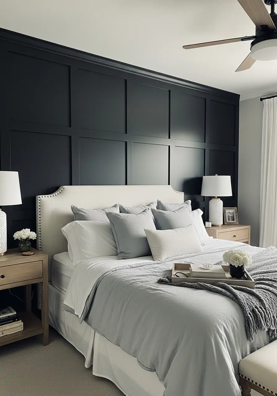 Bold Black Statement Base - 50 Bedroom Wainscoting Ideas