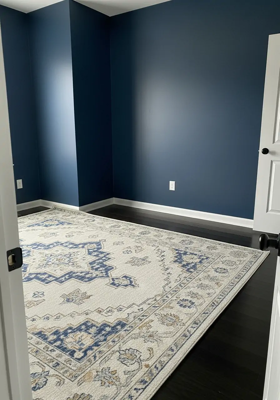 Dark Blue with Statement Rug - 50 Dark blue bedroom ideas