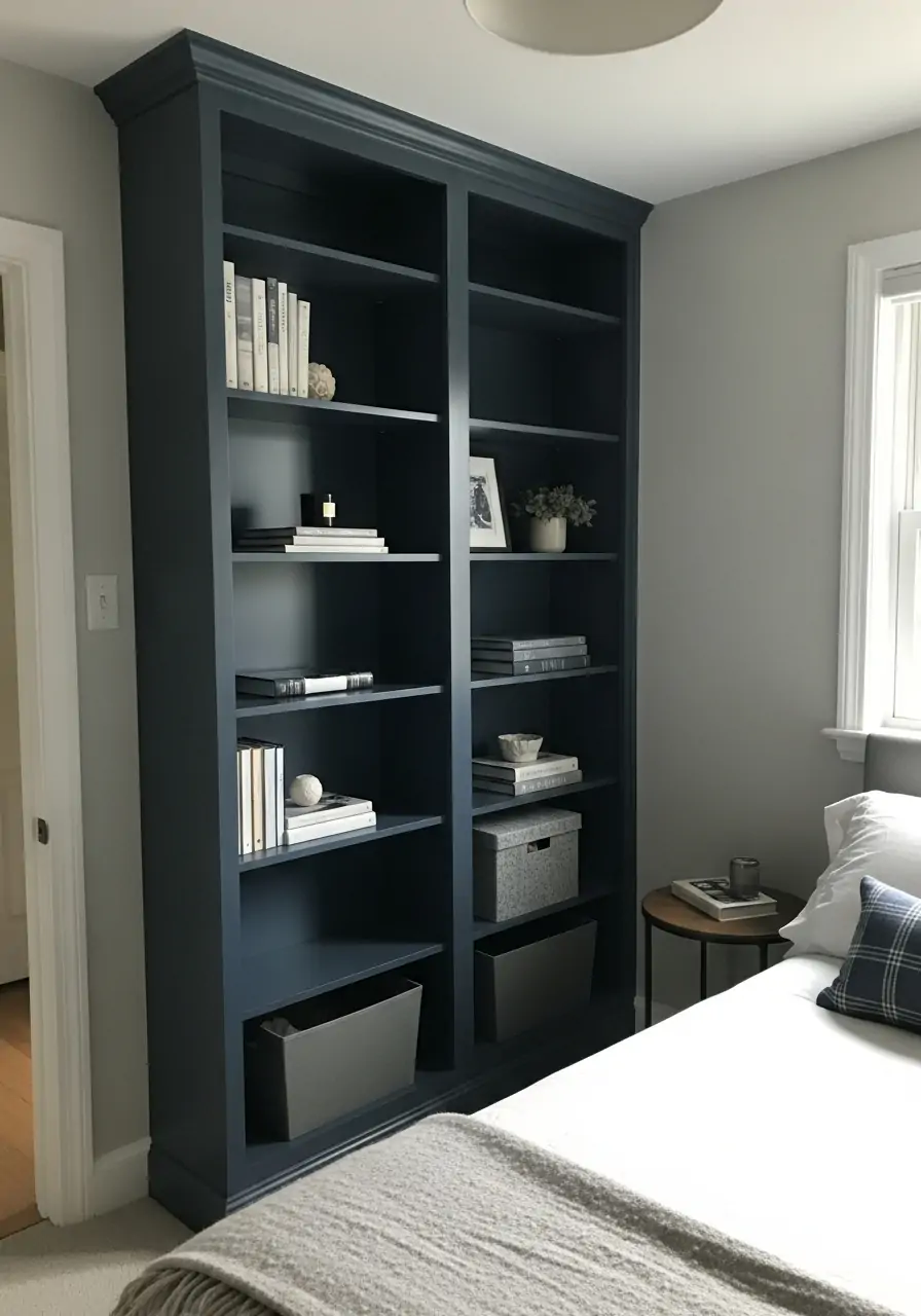 Dark Blue Built-In Shelves - 50 Dark blue bedroom ideas