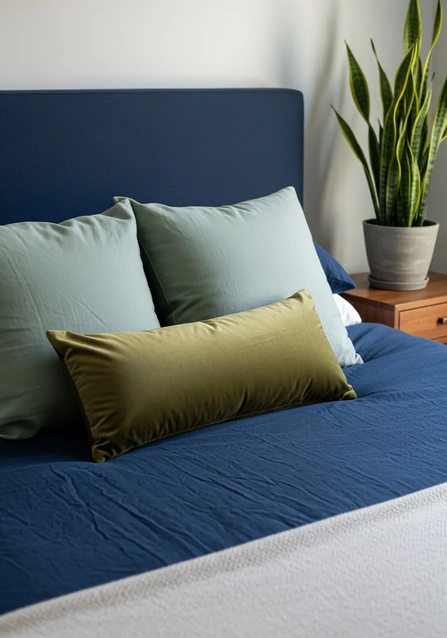 Dark Blue and Soft Green Accents - 50 Dark blue bedroom ideas