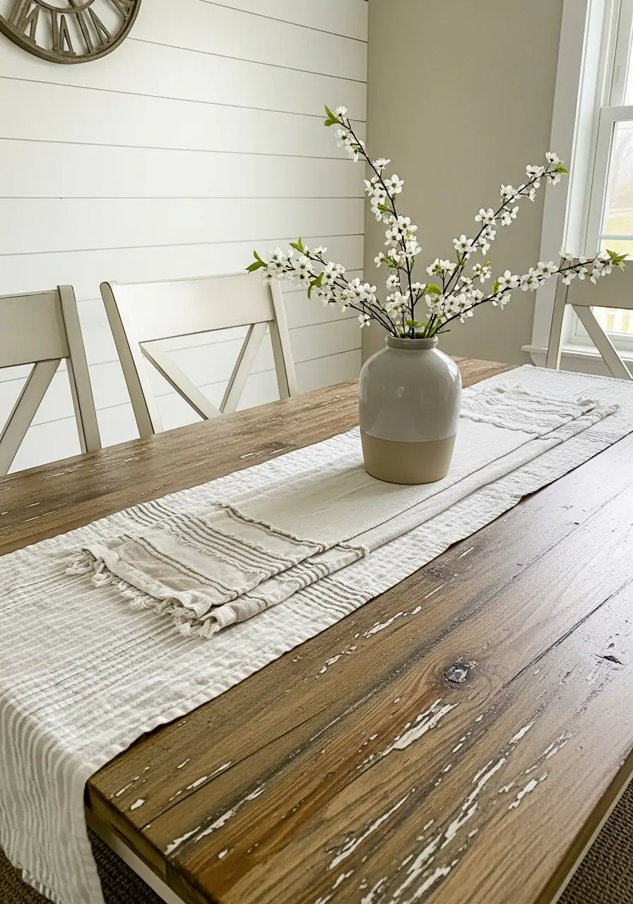 Neutral Table Runners - 50 Farmhouse Spring Decor Ideas