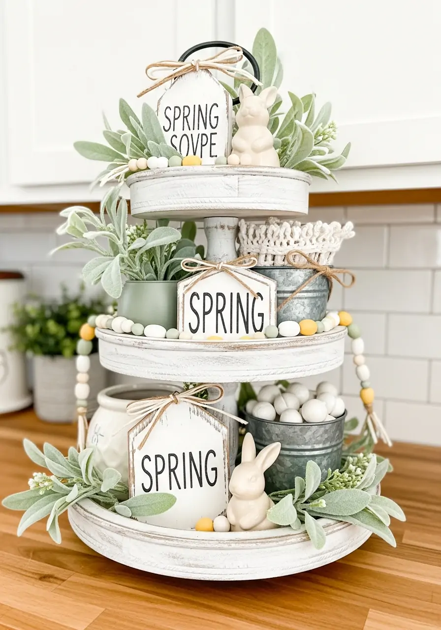 Tiered Tray Spring Styling - 50 Farmhouse Spring Decor Ideas