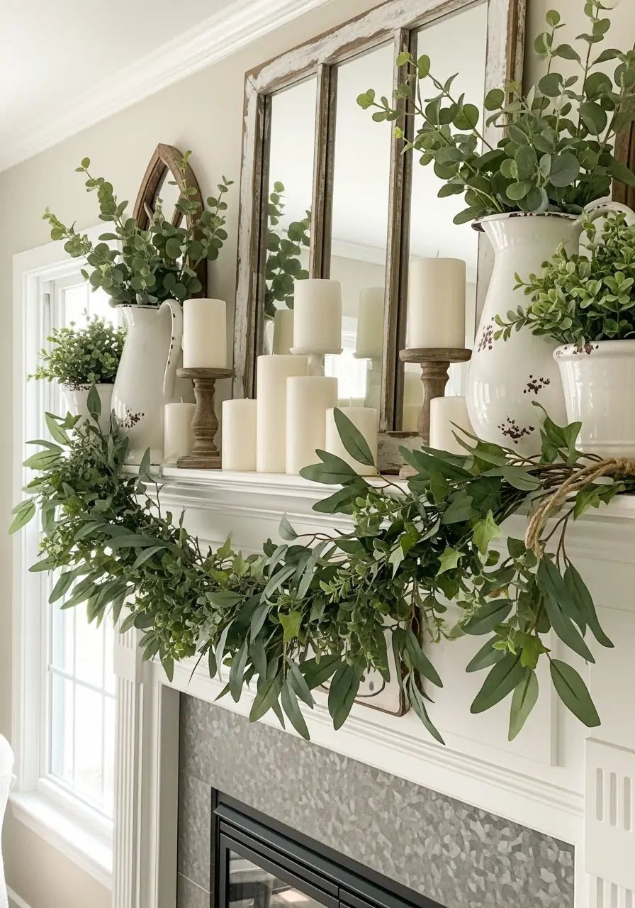 Greenery Mantel Styling - 50 Farmhouse Spring Decor Ideas