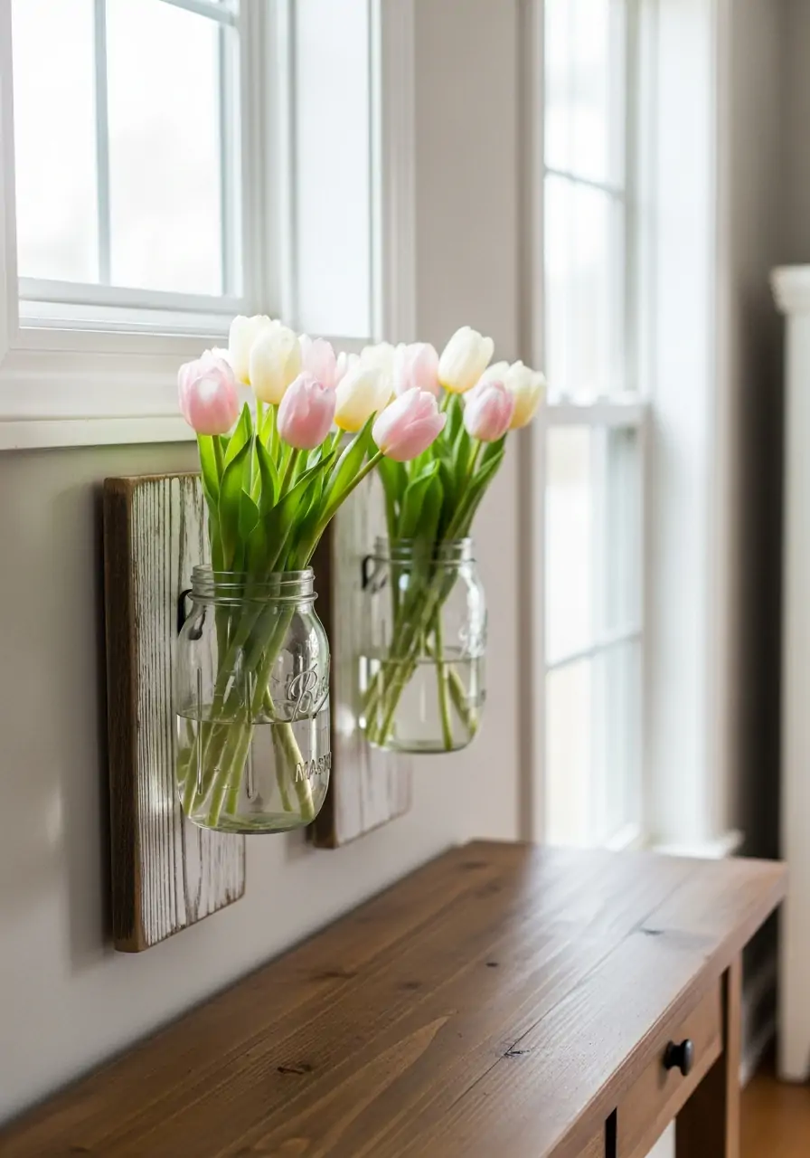 Mason Jar Wall Sconces - 50 Farmhouse Spring Decor Ideas