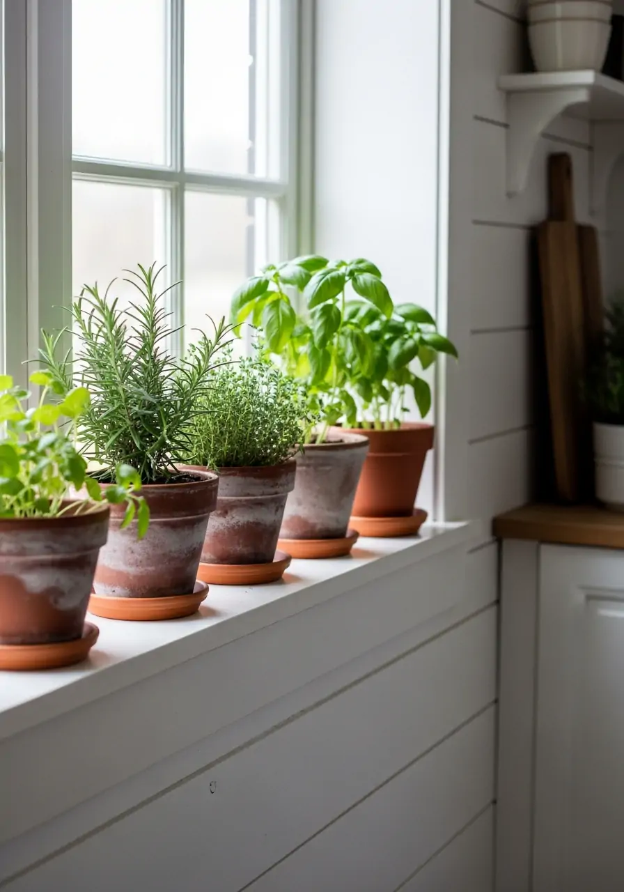Potted Herbs In Kitchen - 50 Farmhouse Spring Decor Ideas