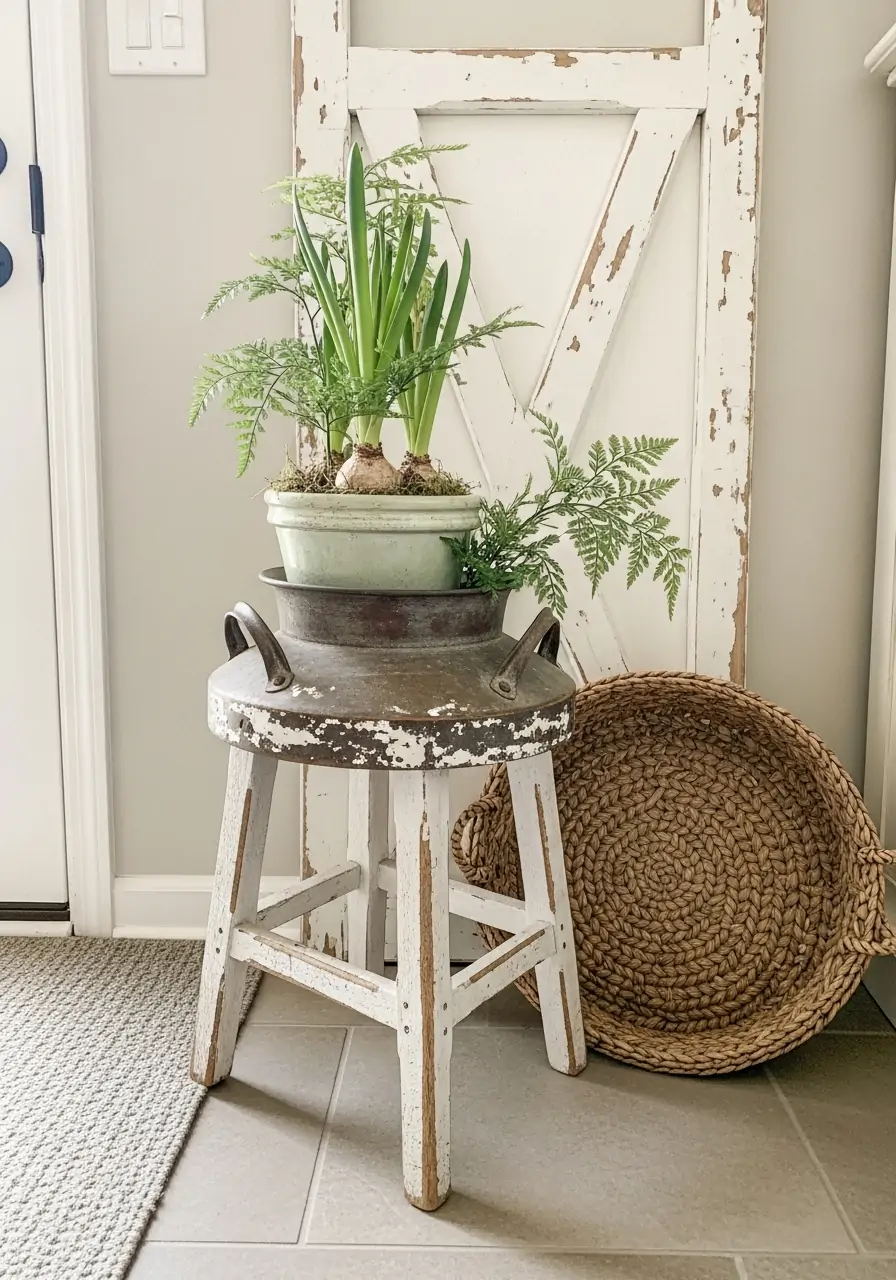 Rustic Stool Decor - 50 Farmhouse Spring Decor Ideas