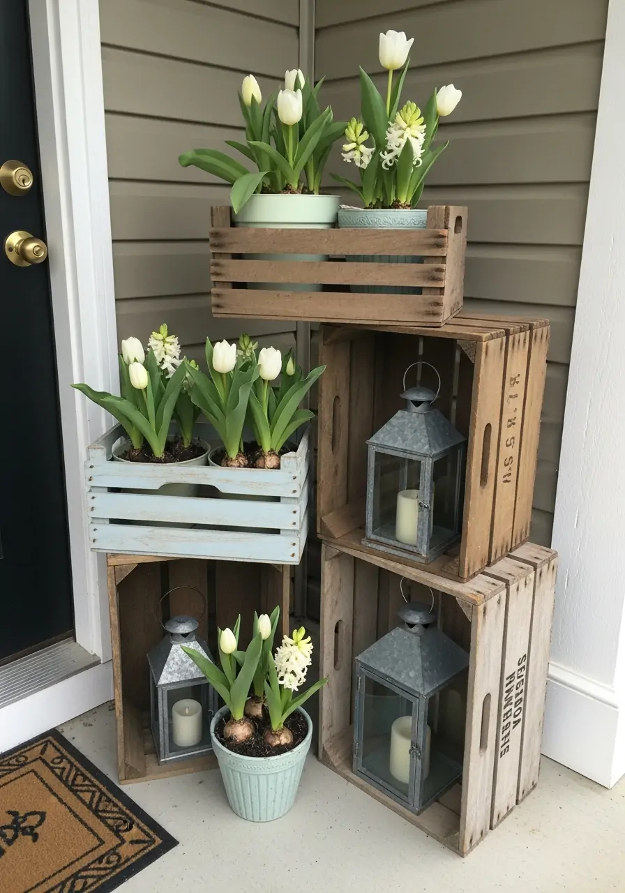 Crate Displays On Porch - 50 Farmhouse Spring Decor Ideas
