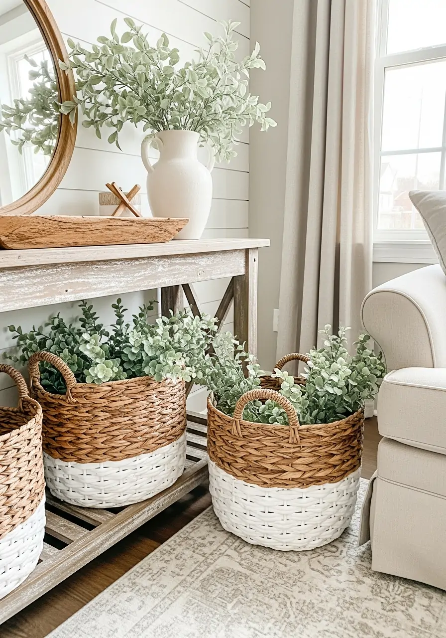 Wicker Baskets With Greenery - 50 Farmhouse Spring Decor Ideas
