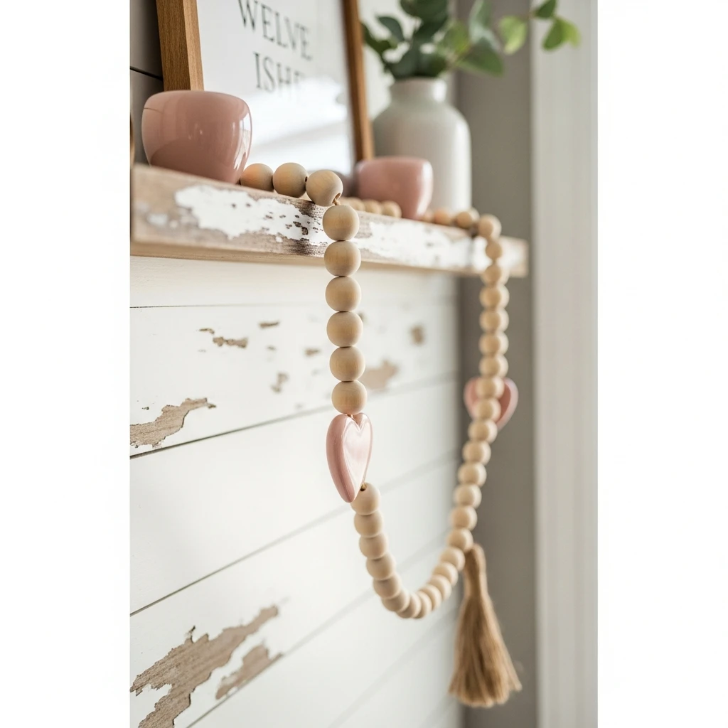 Wood Bead Garland - 50 Farmhouse Valentine Decor Ideas for a Cozy, Beautiful Home