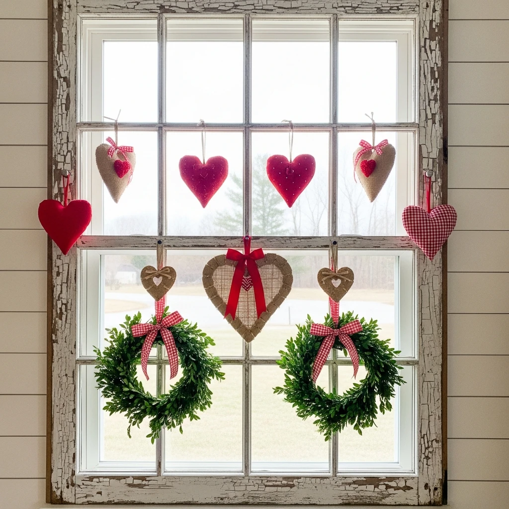 Window Frame Hearts - 50 Farmhouse Valentine Decor Ideas for a Cozy, Beautiful Home