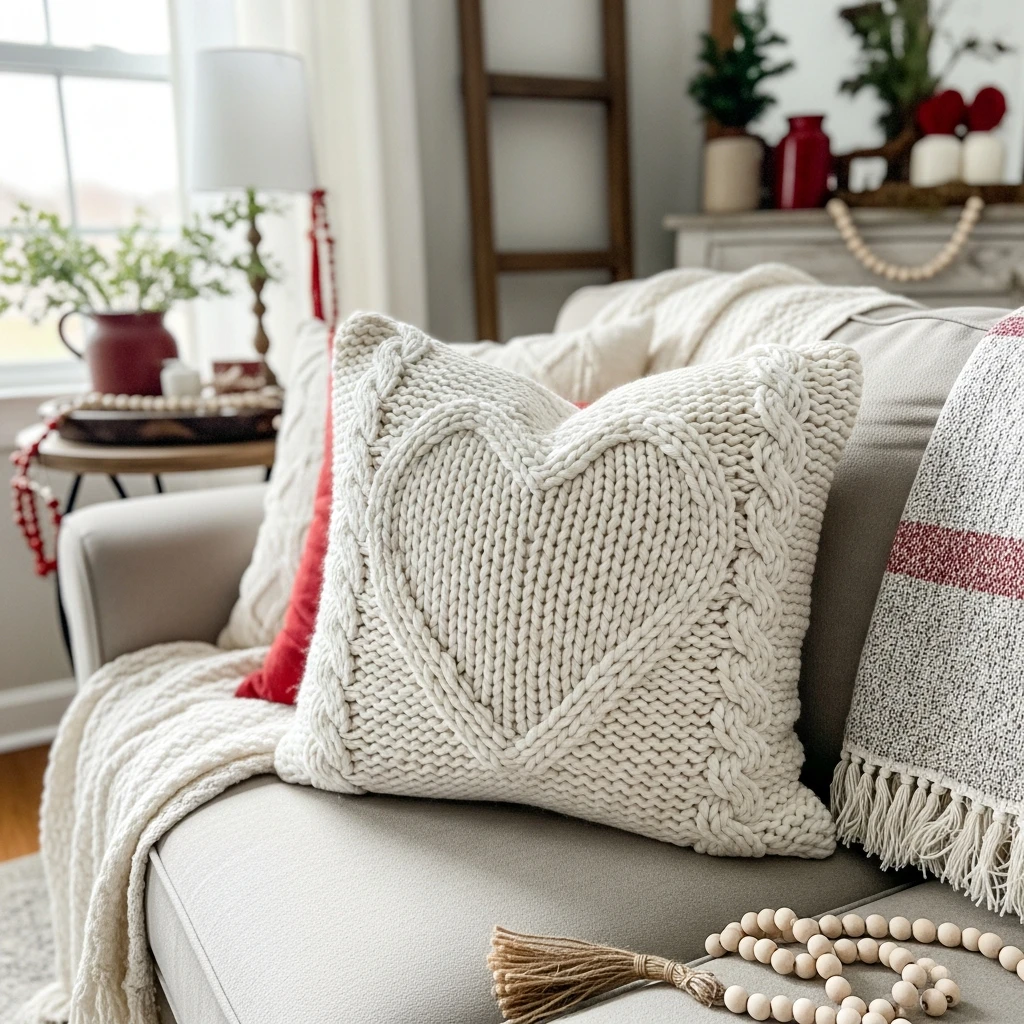 Knit Heart Accent Pillow - 50 Farmhouse Valentine Decor Ideas for a Cozy, Beautiful Home
