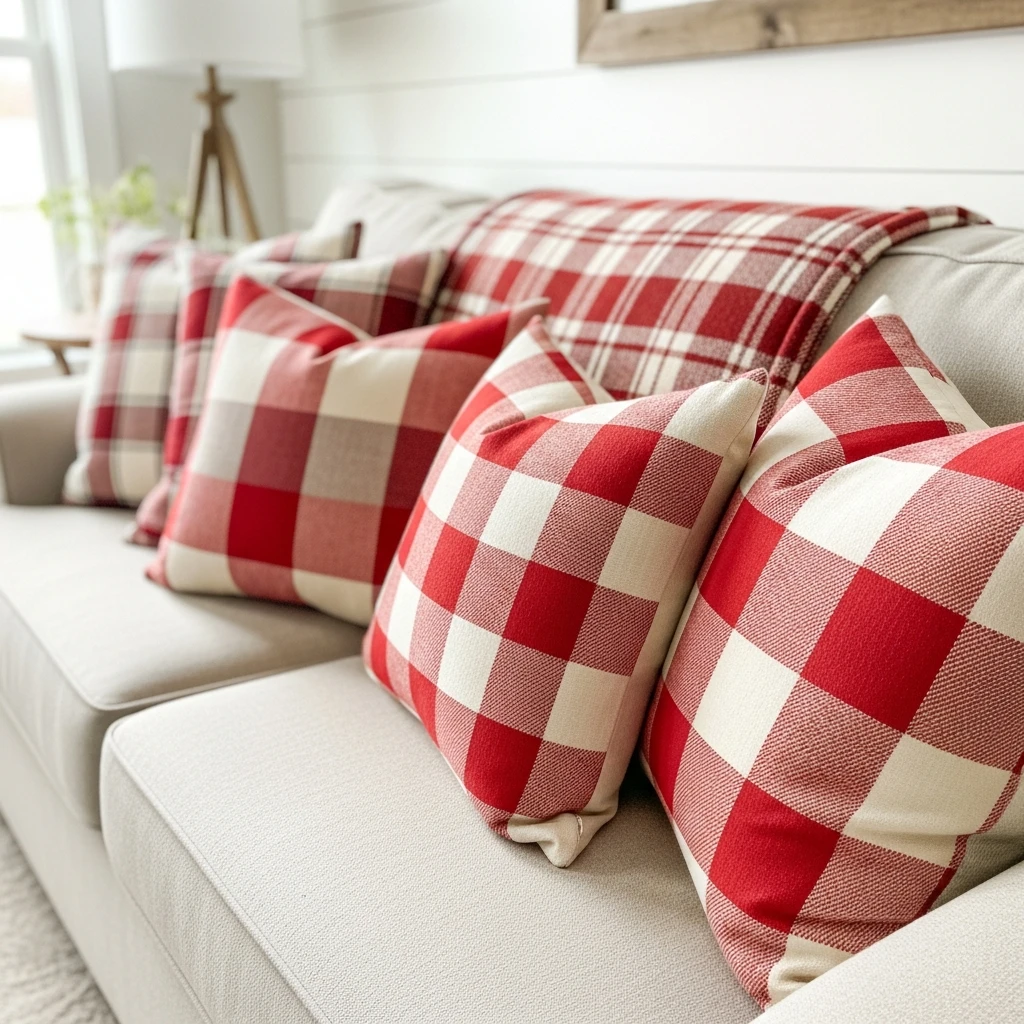 Plaid Valentine Pillows - 50 Farmhouse Valentine Decor Ideas for a Cozy, Beautiful Home