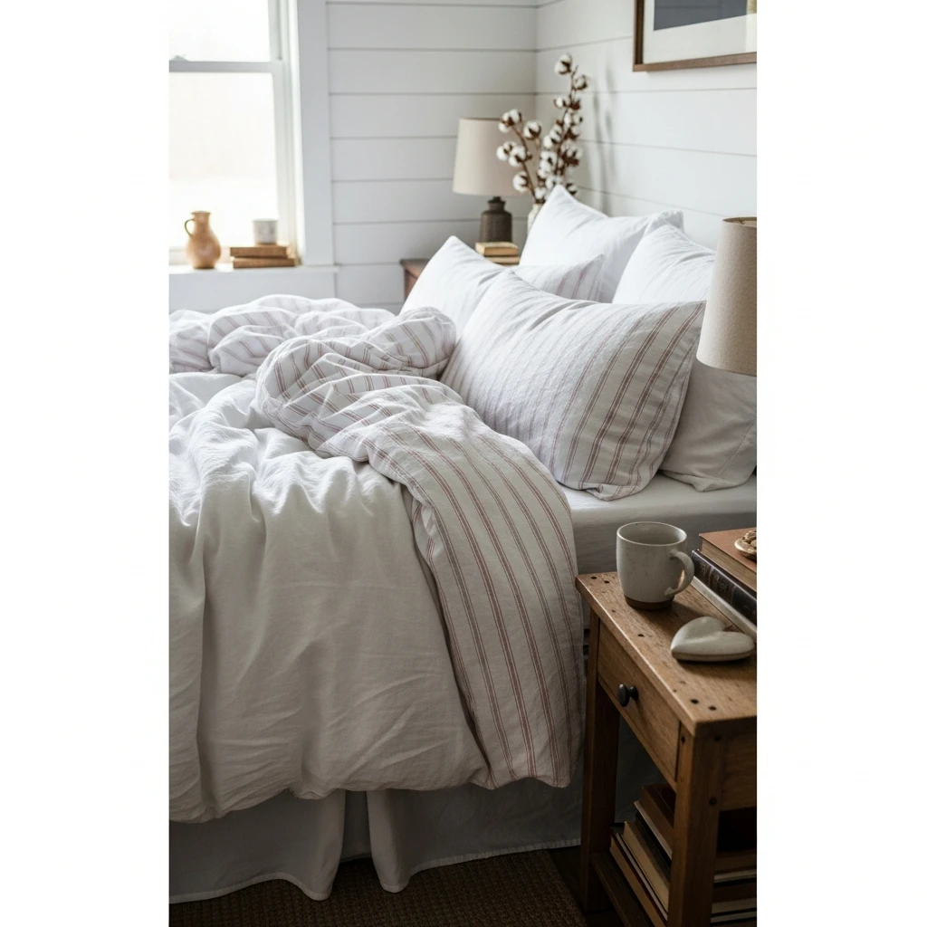 Ticking Stripe Bedding - 50 Farmhouse Valentine Decor Ideas for a Cozy, Beautiful Home