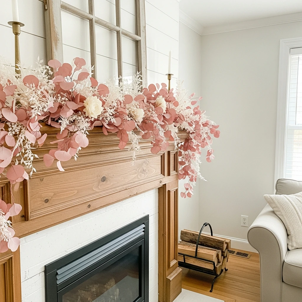 Pink Eucalyptus Mantel - 50 Farmhouse Valentine Decor Ideas for a Cozy, Beautiful Home