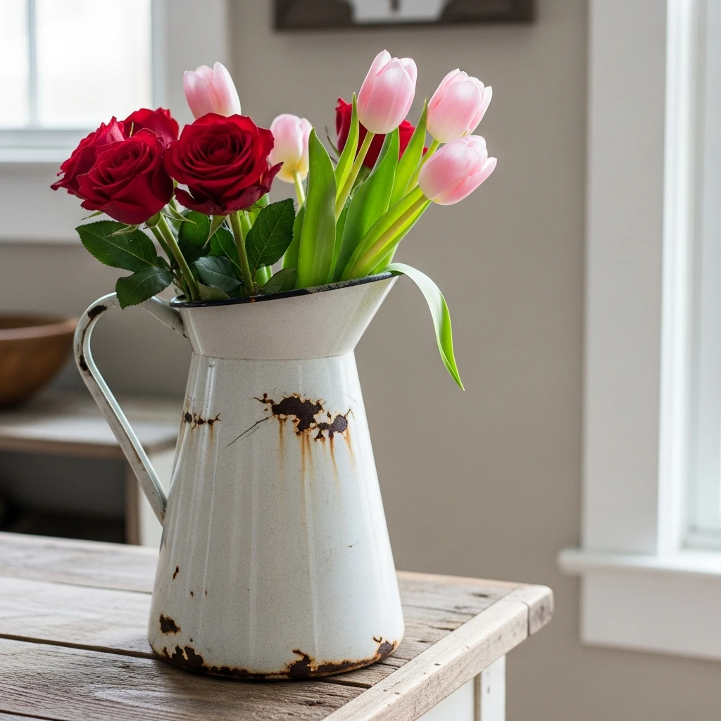 Enamel Tin Florals - 50 Farmhouse Valentine Decor Ideas for a Cozy, Beautiful Home
