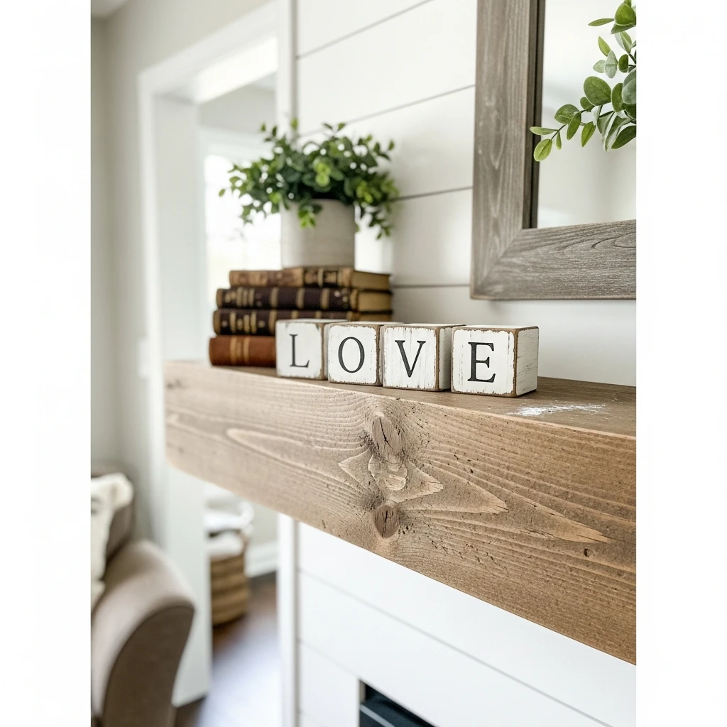 Rustic “LOVE” Shelf Blocks - 50 Farmhouse Valentine Decor Ideas for a Cozy, Beautiful Home