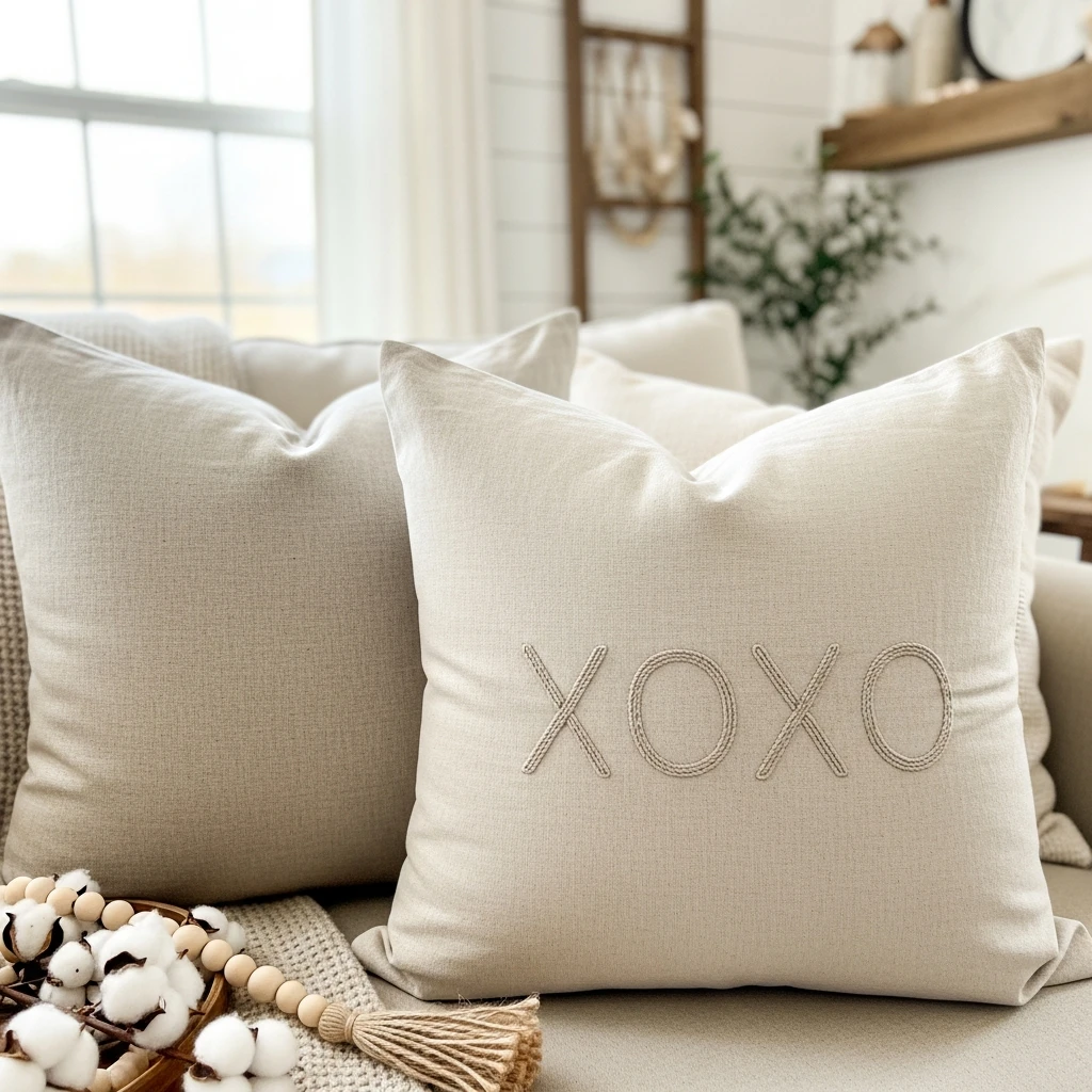 Linen XOXO Pillows - 50 Farmhouse Valentine Decor Ideas for a Cozy, Beautiful Home