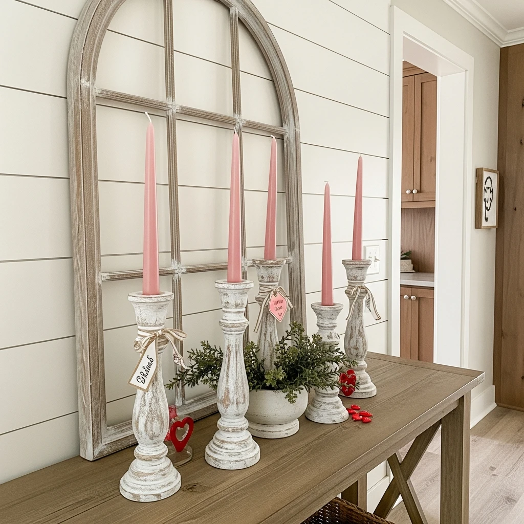 Soft Pink Candlesticks - 50 Farmhouse Valentine Decor Ideas for a Cozy, Beautiful Home