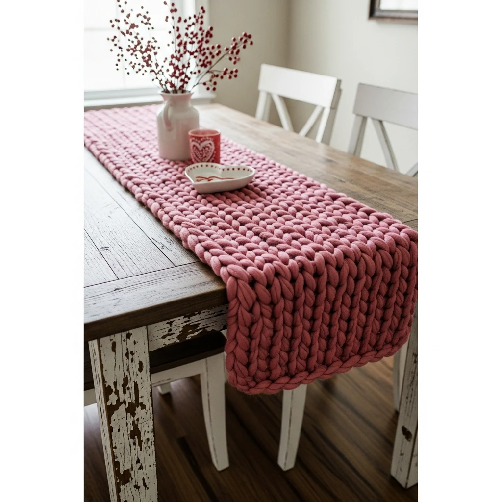 Knit Table Runner - 50 Farmhouse Valentine Decor Ideas for a Cozy, Beautiful Home