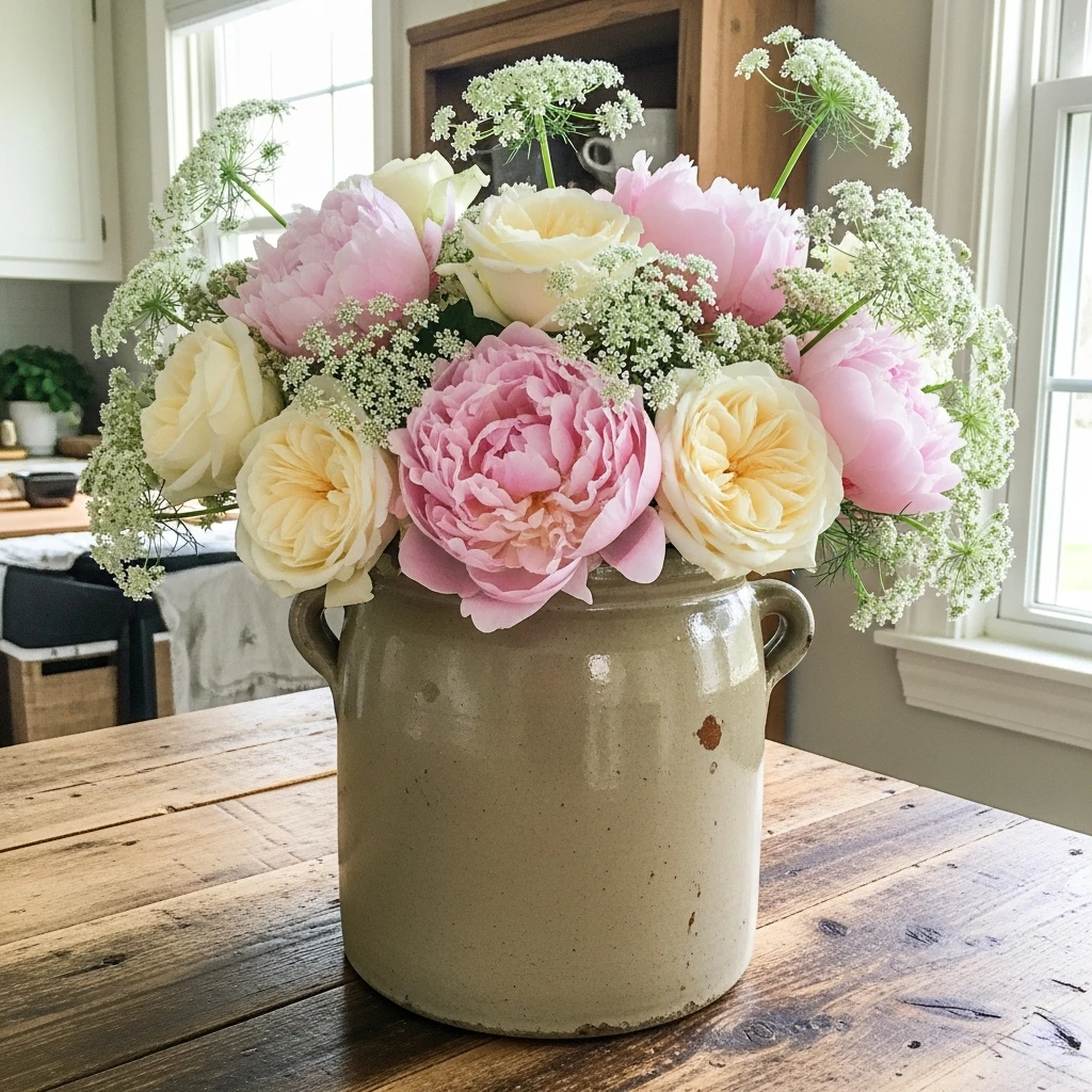 Pink Crock Florals - 50 Farmhouse Valentine Decor Ideas for a Cozy, Beautiful Home