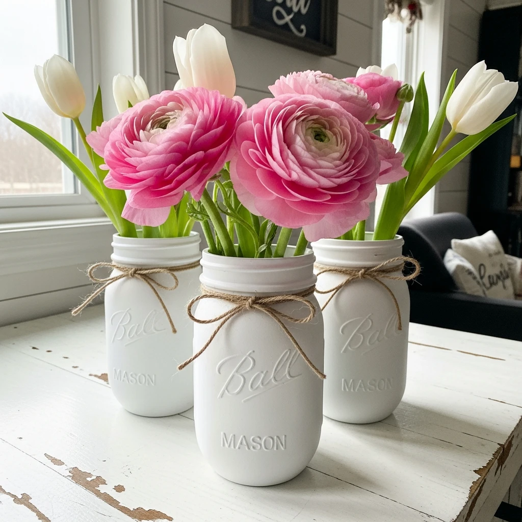 Jars and Pink Flowers - 50 Farmhouse Valentine Decor Ideas for a Cozy, Beautiful Home