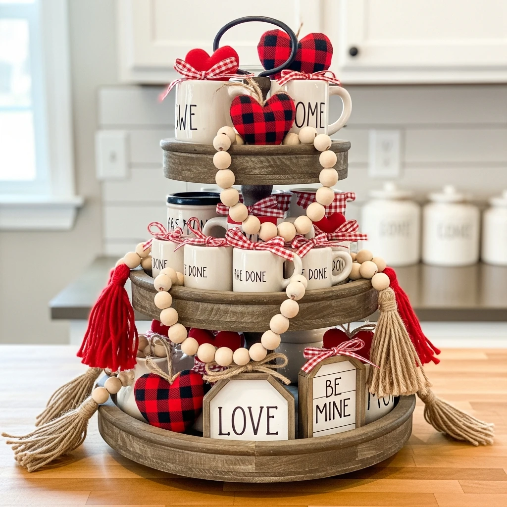 Styled Tiered Tray - 50 Farmhouse Valentine Decor Ideas for a Cozy, Beautiful Home