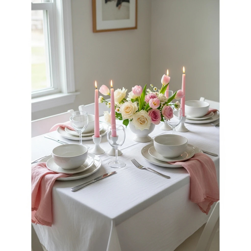All-White With Pink Pops - 50 Beautiful Galentines Tablescape Ideas for a Budget-Friendly Girls’ Night