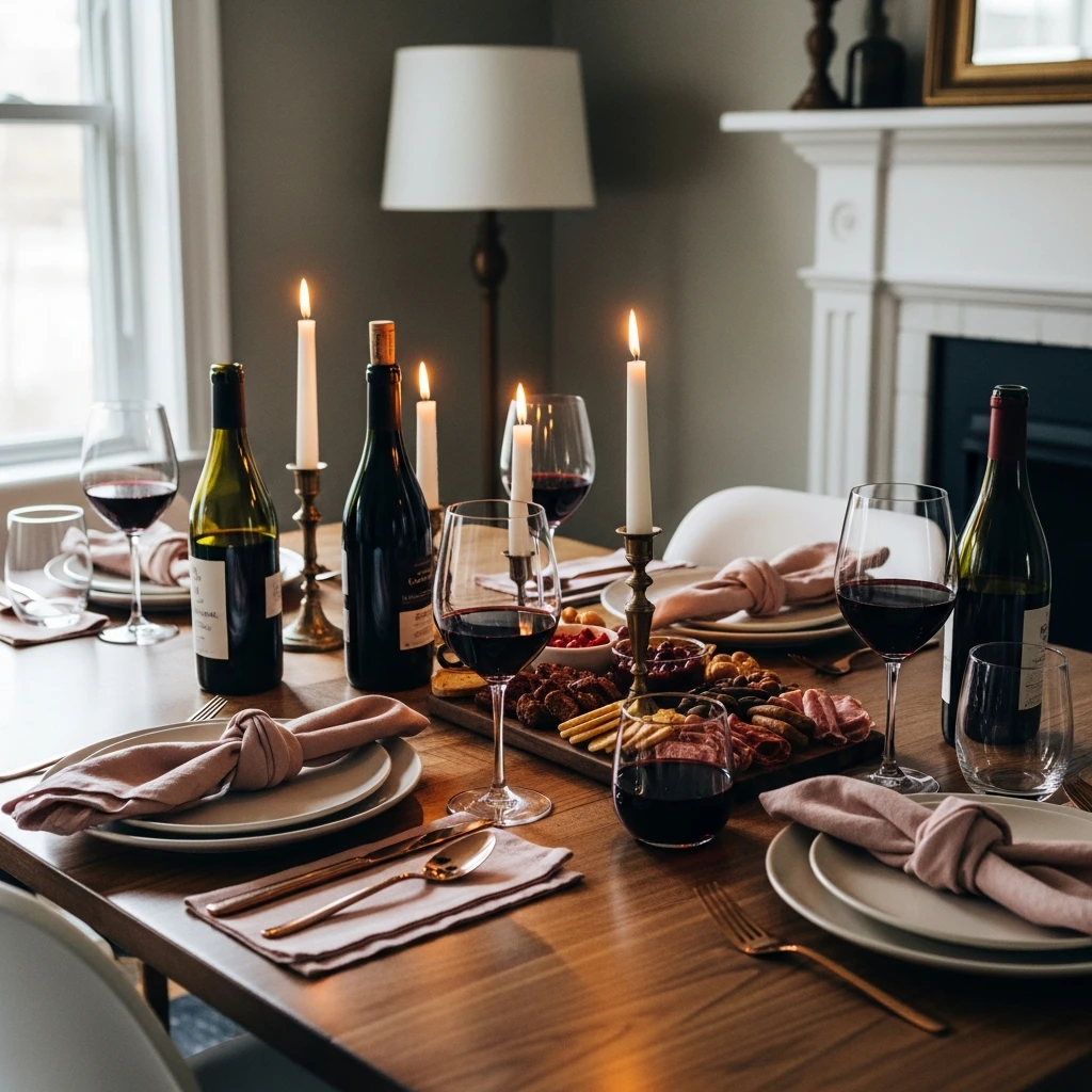 Red Wine Galentine Table - 50 Beautiful Galentines Tablescape Ideas for a Budget-Friendly Girls’ Night