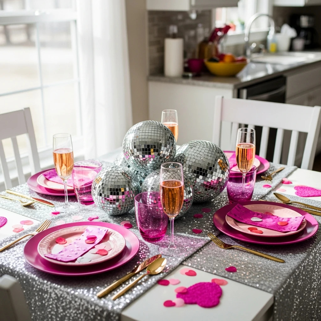Disco Galentine Table - 50 Beautiful Galentines Tablescape Ideas for a Budget-Friendly Girls’ Night
