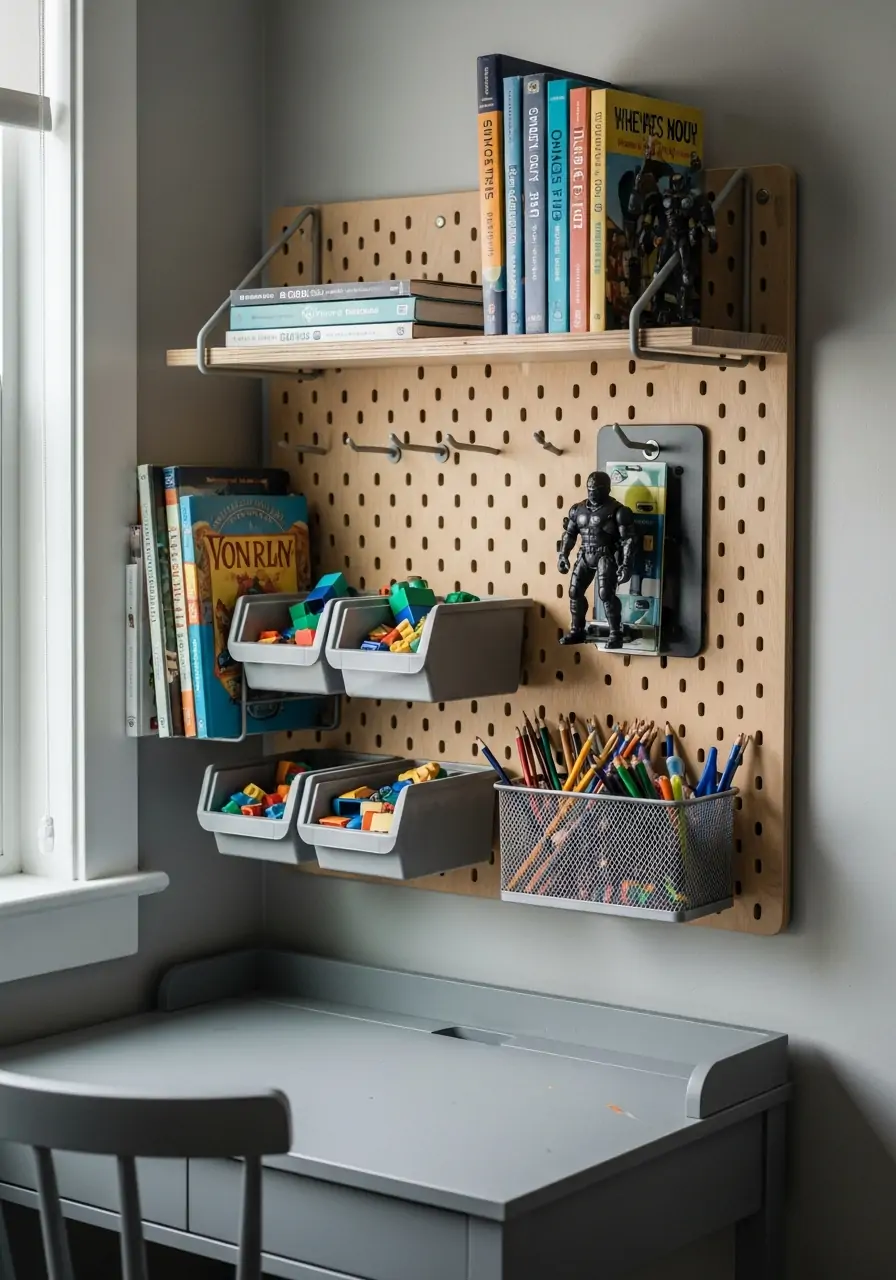 Pegboard Wall Organizer - 50 Small boys bedroom ideas