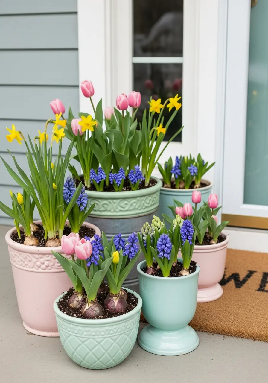 Pastel Planter Grouping - 50 Spring Front Porch Decor Ideas