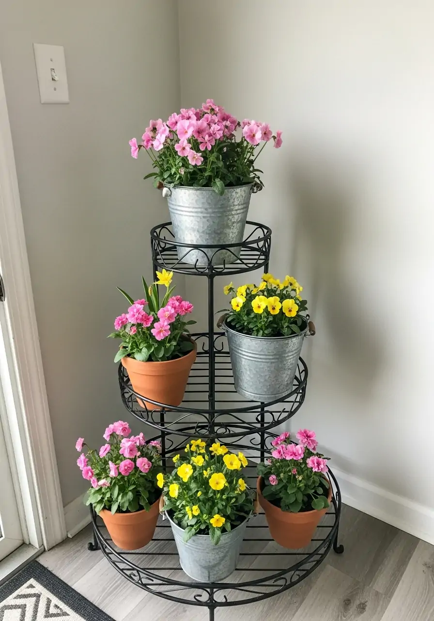 Tiered Plant Stand Display - 50 Spring Front Porch Decor Ideas