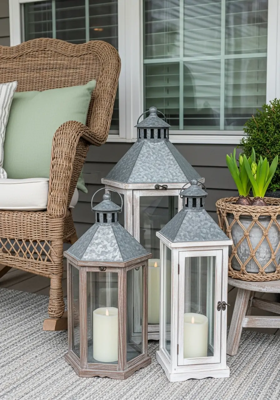 Lanterns with Faux Candles - 50 Spring Front Porch Decor Ideas
