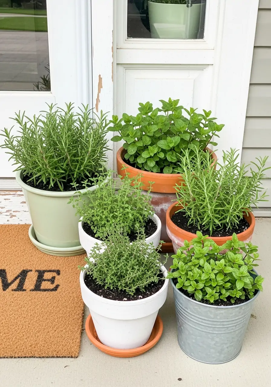 Herb Planters by the Door - 50 Spring Front Porch Decor Ideas