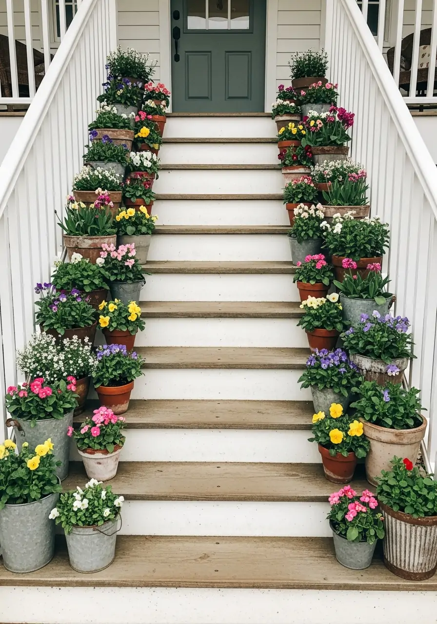 Spring Flower Stair Display - 50 Spring Front Porch Decor Ideas