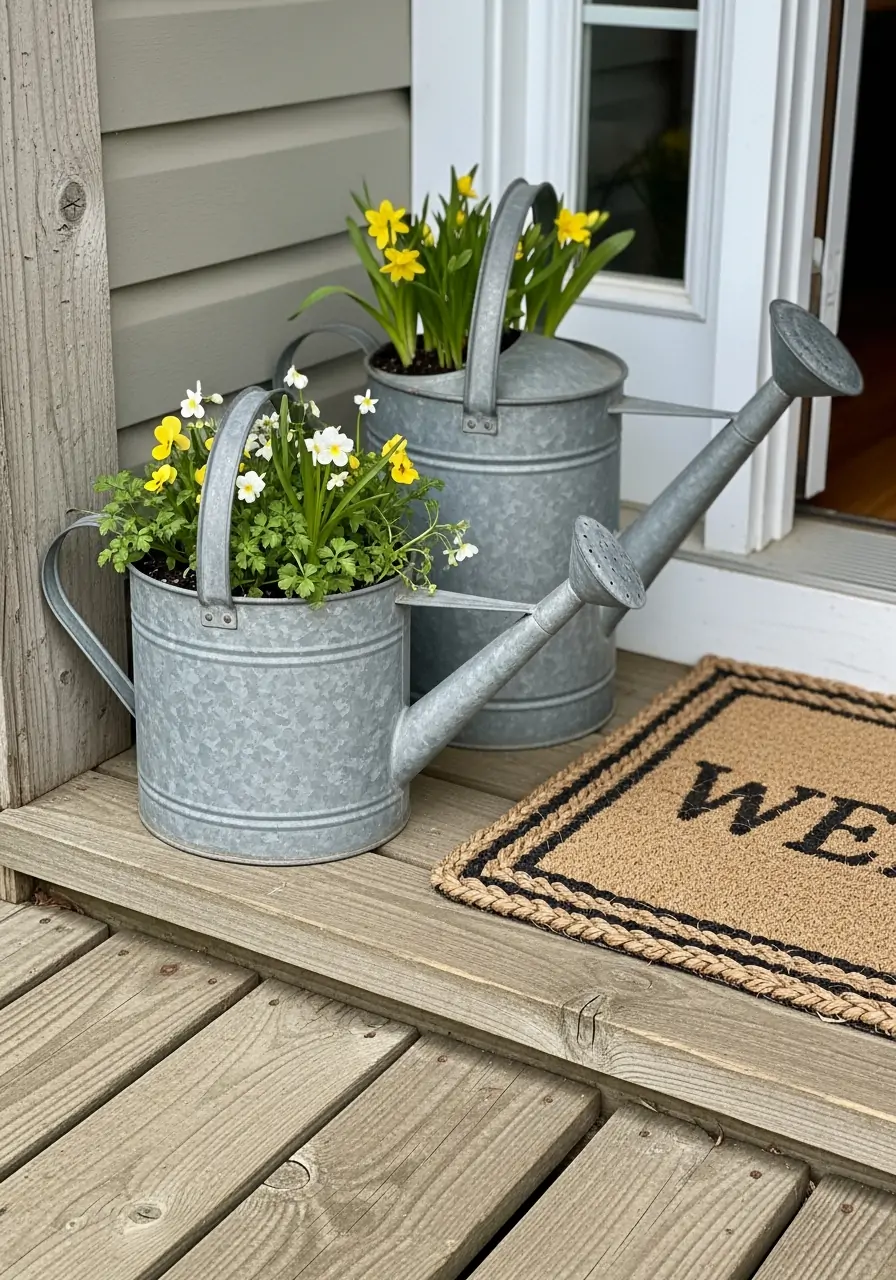 Decorative Watering Cans - 50 Spring Front Porch Decor Ideas