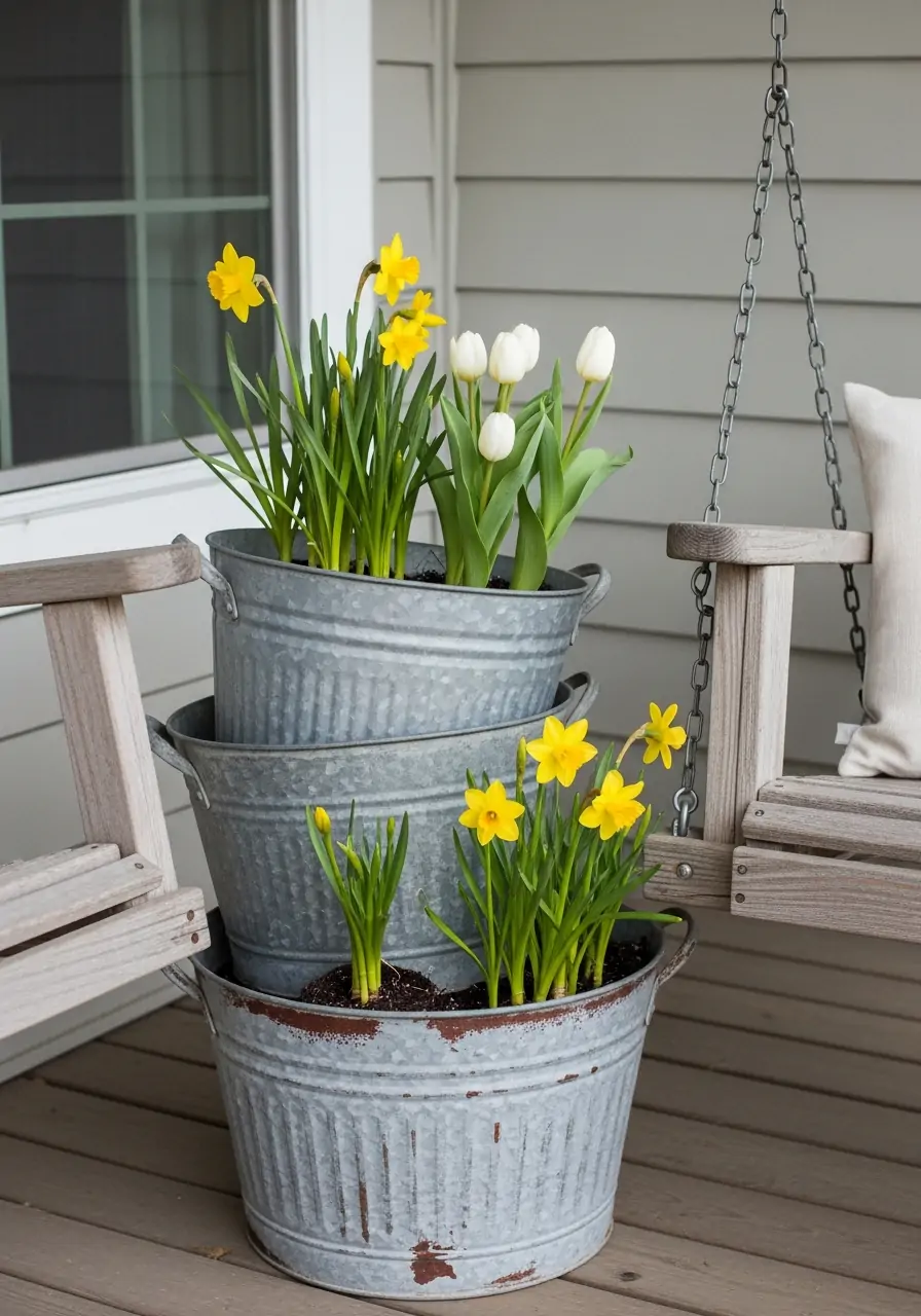 Metal Planters with Greenery - 50 Spring Front Porch Decor Ideas