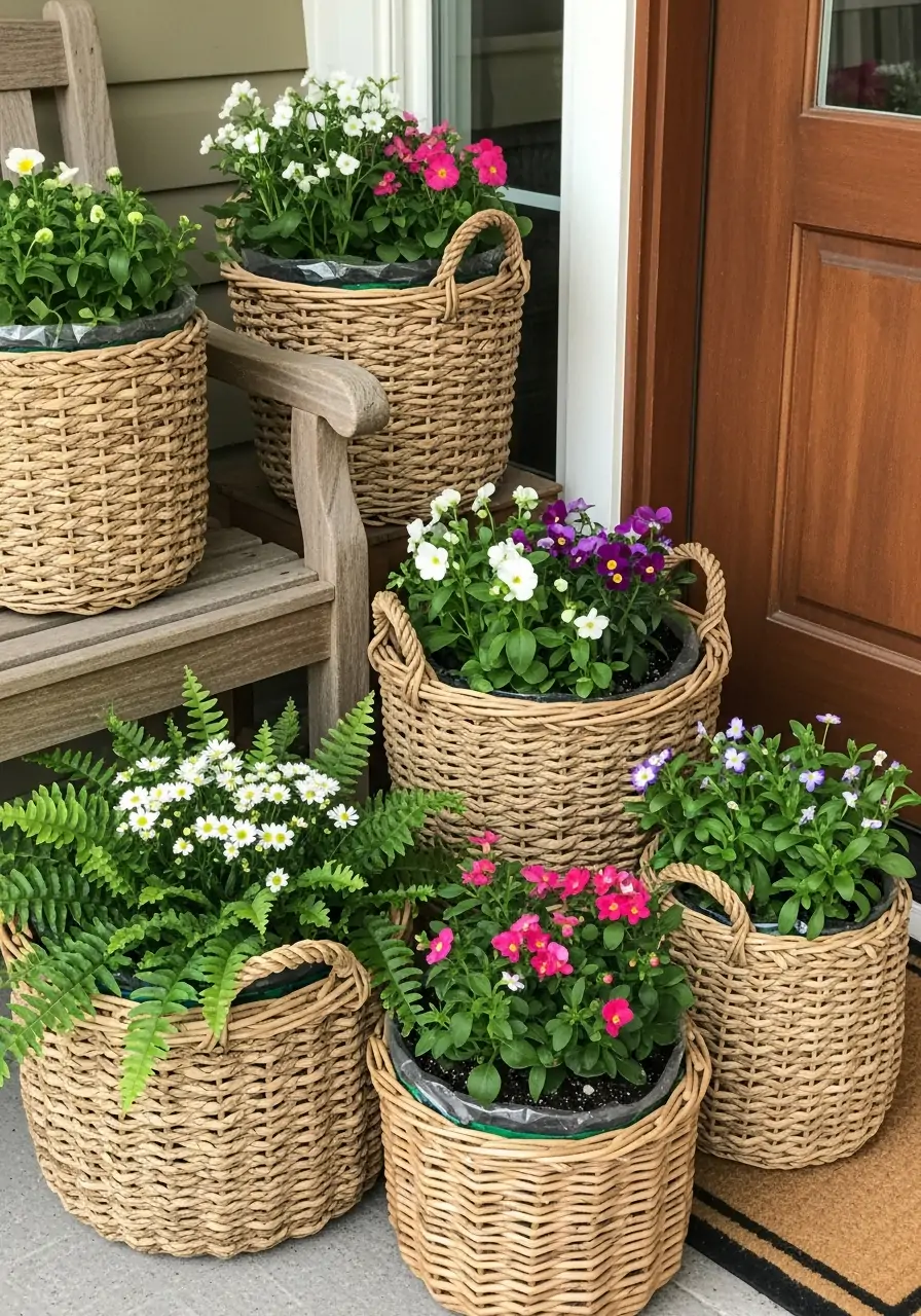 Decorative Baskets as Planters - 50 Spring Front Porch Decor Ideas