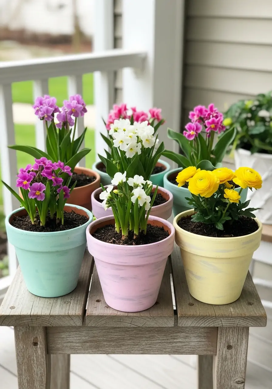 Pastel Painted Flower Pots - 50 Spring Front Porch Decor Ideas