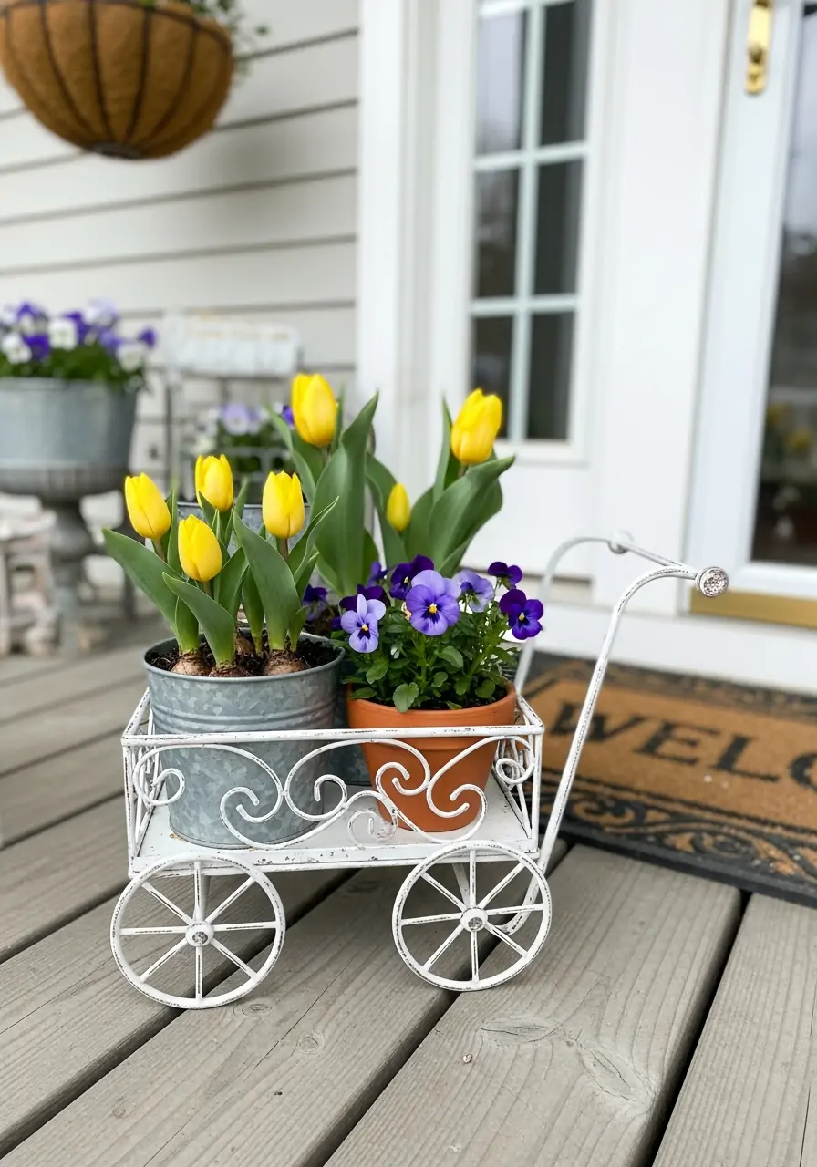 Mini Flower Cart Display - 50 Spring Front Porch Decor Ideas