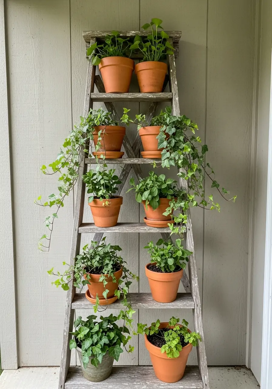 Rustic Ladder Plant Display - 50 Spring Front Porch Decor Ideas