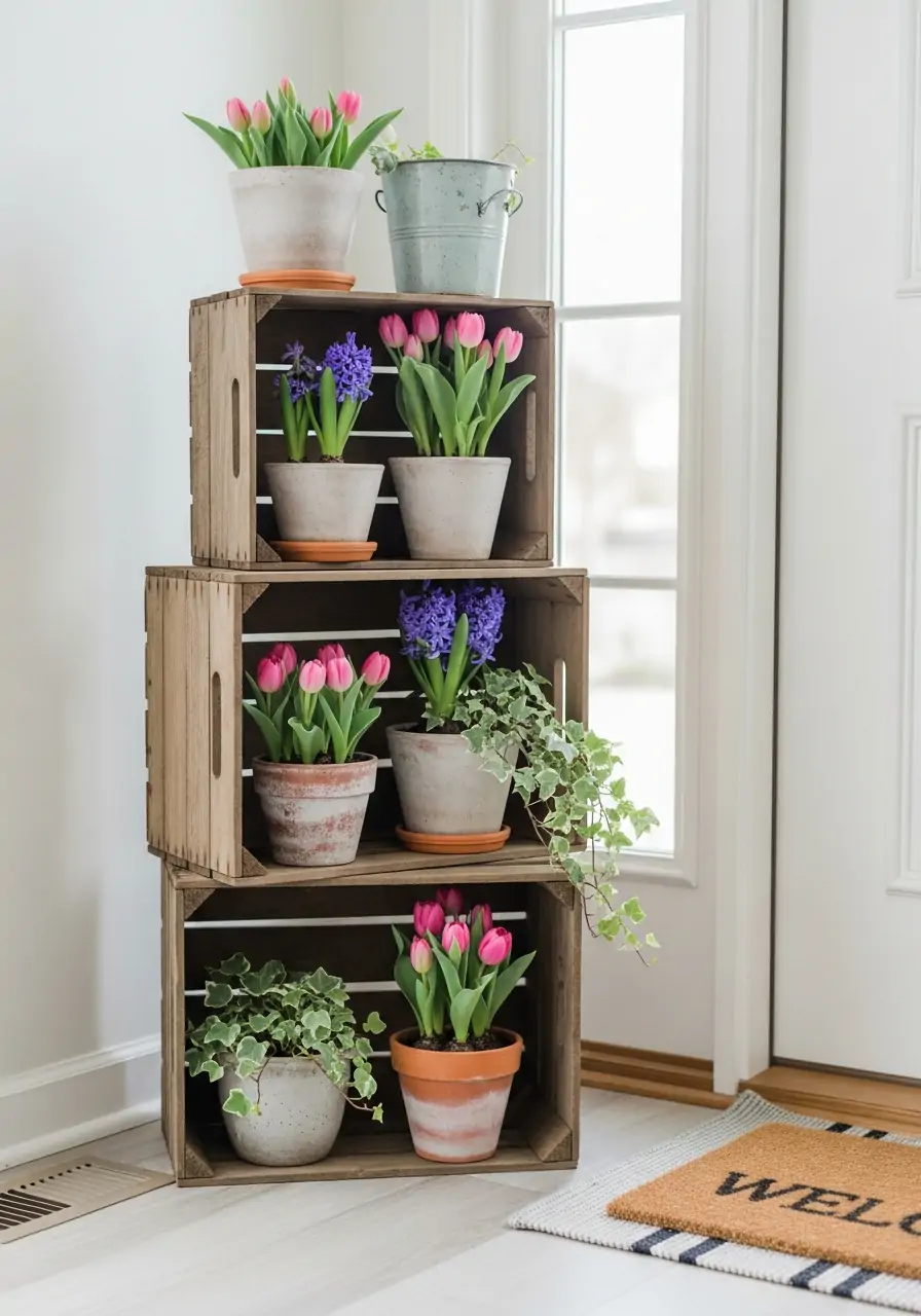 Wooden Crate Flower Display - 50 Spring Front Porch Decor Ideas