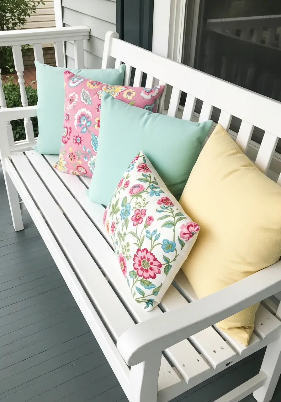 Porch Bench with Spring Pillows - 50 Spring Front Porch Decor Ideas