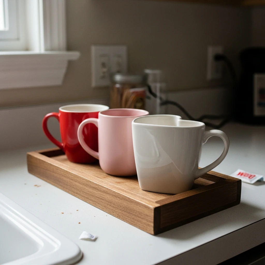 Simple Mug Lineup Swap - 50 Simple, Budget-Friendly Valentine Coffee Bar Ideas for a Cozy Home