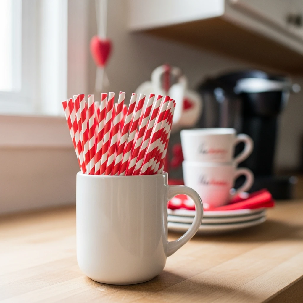 Red-and-White Straw Holder - 50 Simple, Budget-Friendly Valentine Coffee Bar Ideas for a Cozy Home