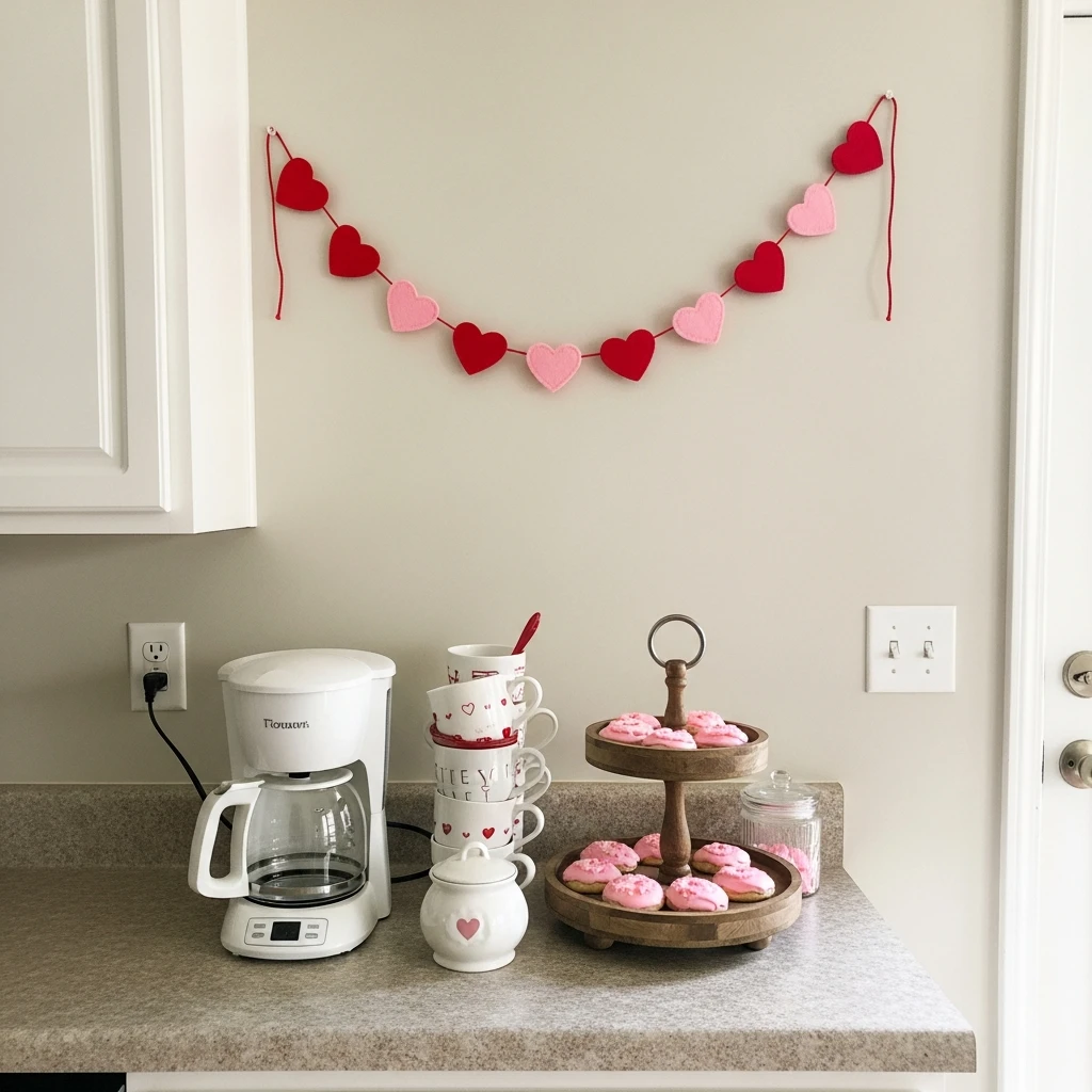 Heart Garland Backdrop - 50 Simple, Budget-Friendly Valentine Coffee Bar Ideas for a Cozy Home