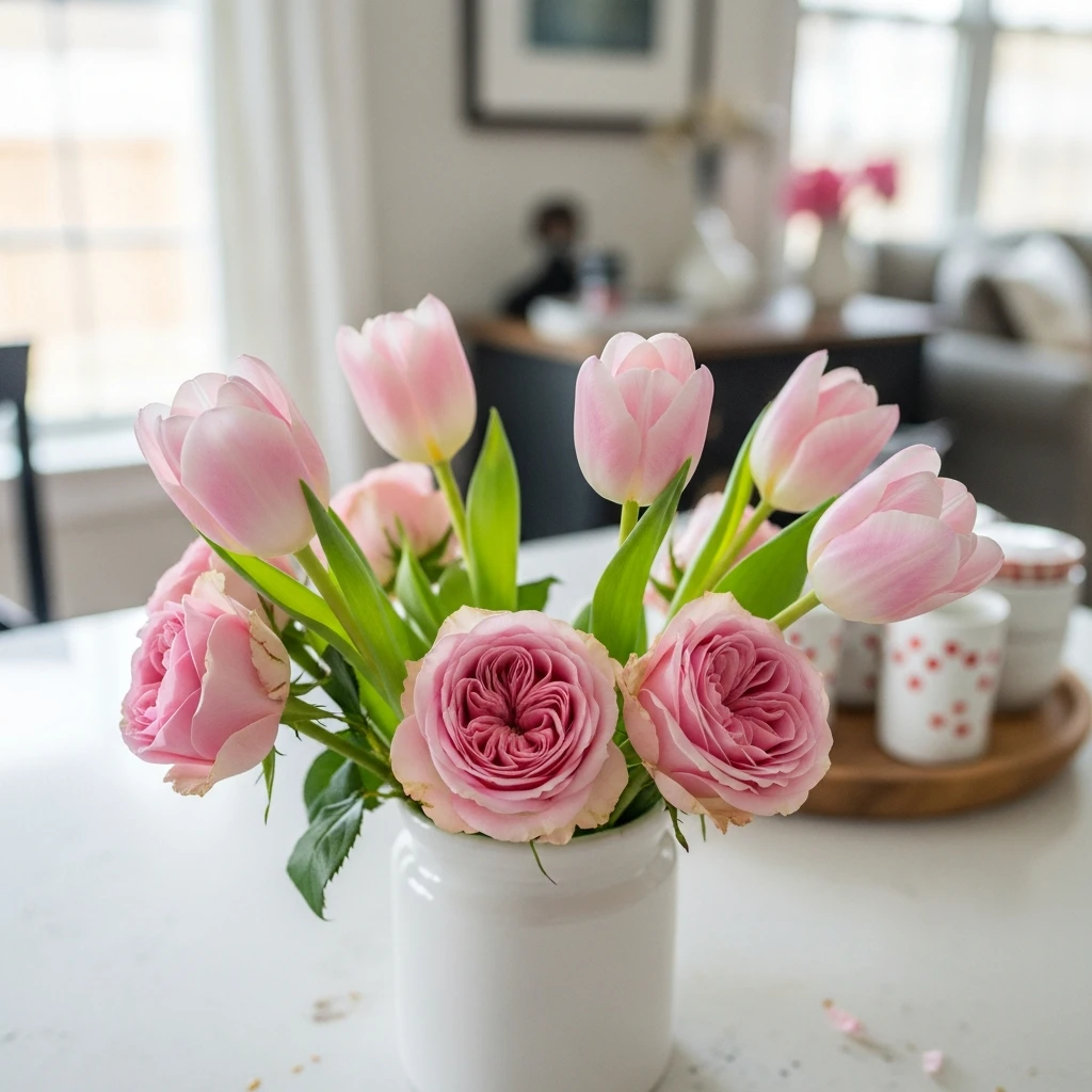 Fresh Flowers in Vase - 50 Simple, Budget-Friendly Valentine Coffee Bar Ideas for a Cozy Home