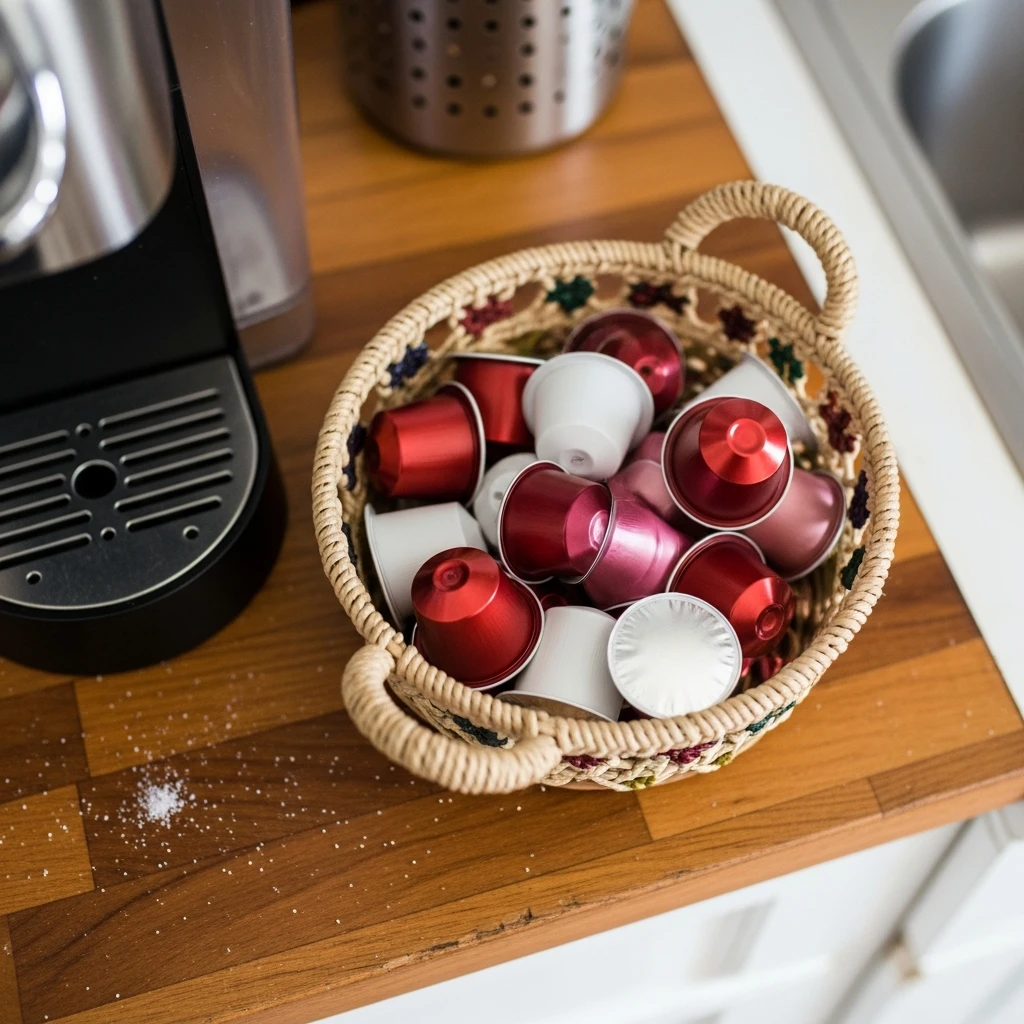Pink Coffee Pod Basket - 50 Simple, Budget-Friendly Valentine Coffee Bar Ideas for a Cozy Home