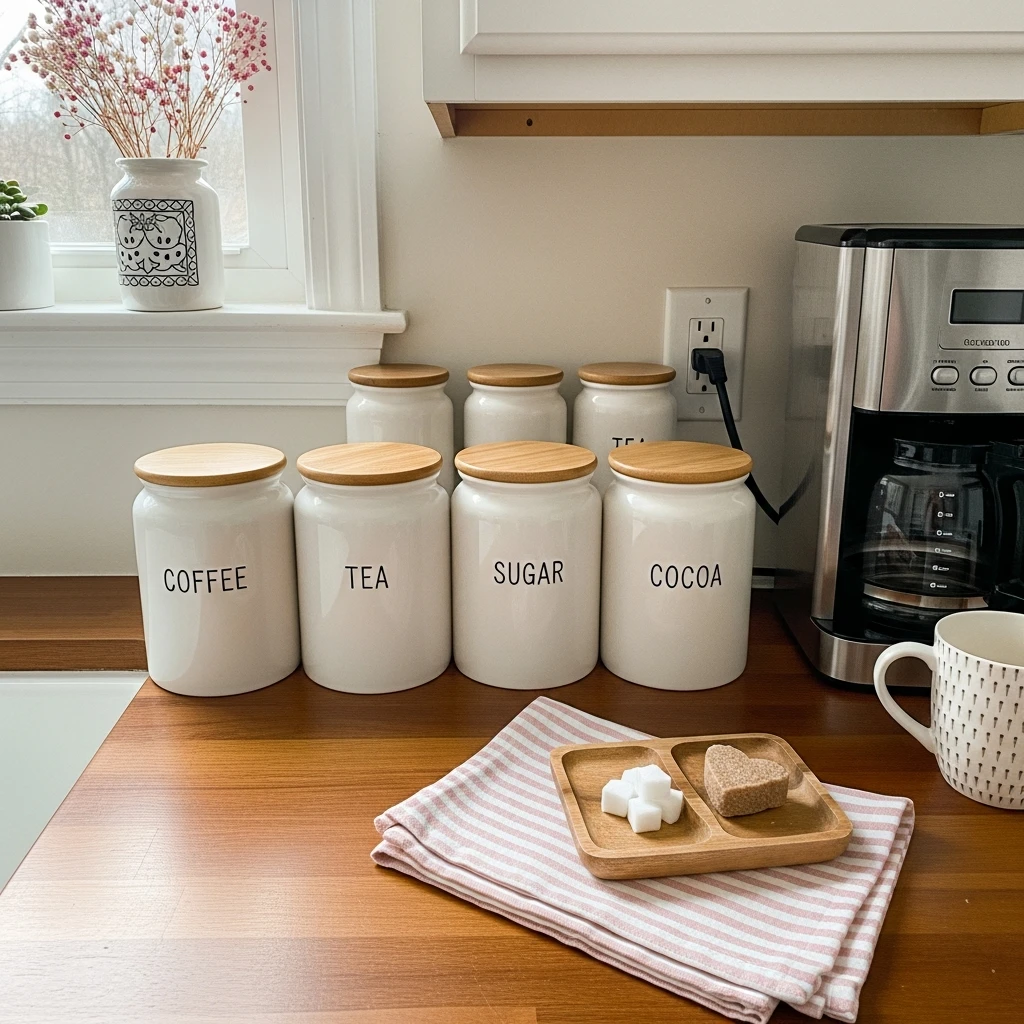 Matching Canisters Set - 50 Simple, Budget-Friendly Valentine Coffee Bar Ideas for a Cozy Home
